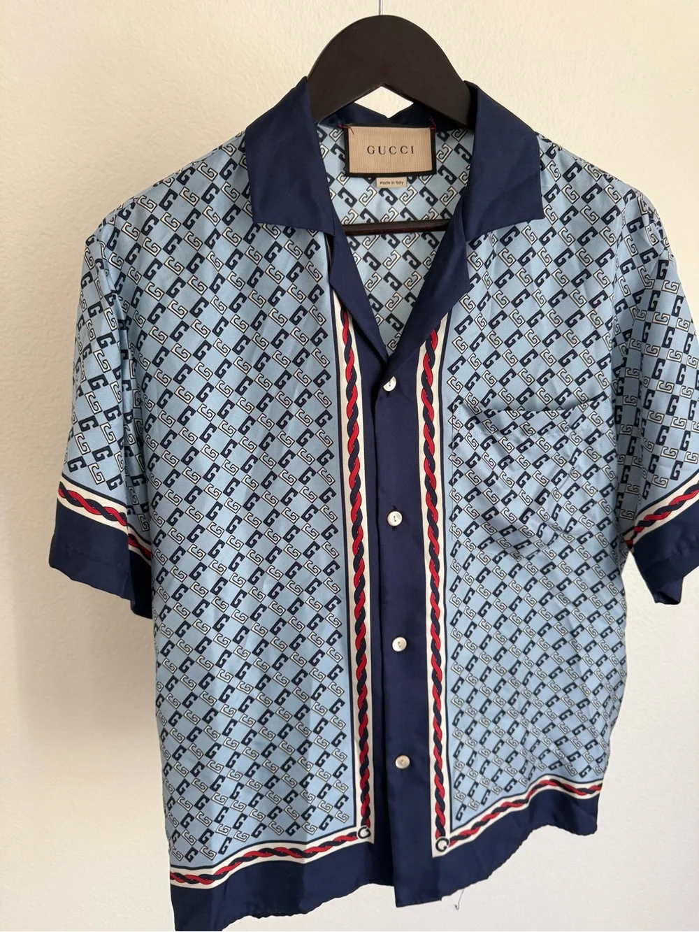 Gucci Mens Light Blue GG-Print Silk Cuban Short-sleeve Shirt (Size 48)